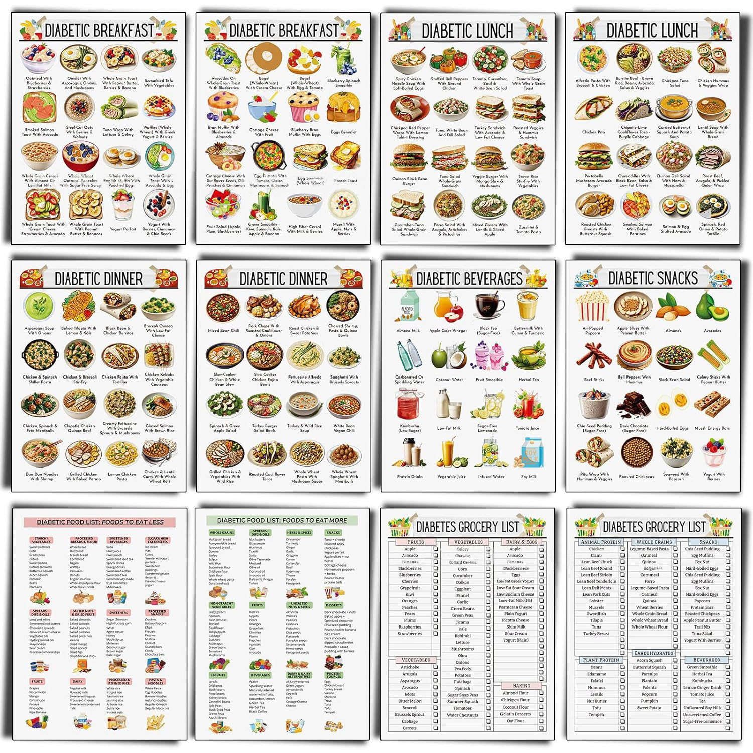 Food Snacks Options - 12pcs Diabetic Meal Planner Unframed Diabetes